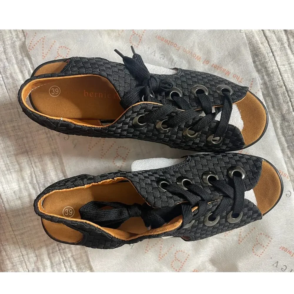 Bernie Mev Marcelo Lace Up Sandal Women 8/39 Black Boho Woven 2.75" Wedge NWOB - Picture 5 of 9